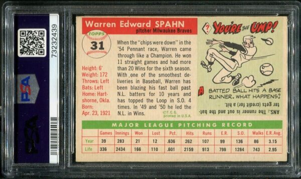 Authentic 1955 Topps #31 Warren Spahn PSA 4 Baseball Card