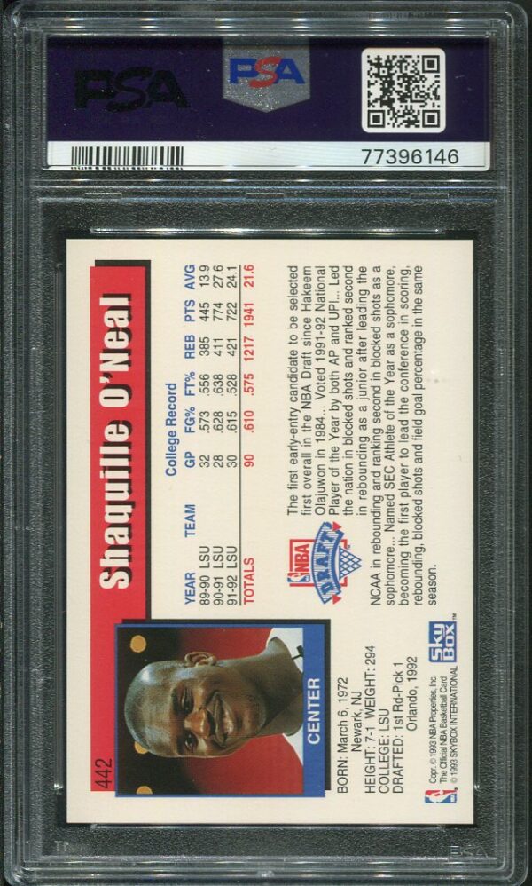 Authentic 1992 Hoops #442 Shaquille O'Neal PSA 9 Rookie Basketball Card