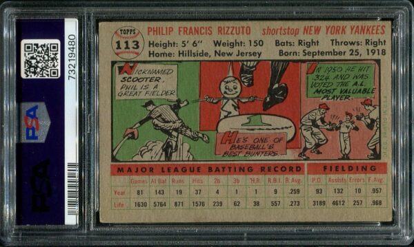 Authentic 1956 Topps #113 Phil Rizzuto Gray Back PSA 4 Baseball Card
