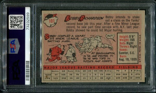 Authentic 1958 Topps #101 Bobby Richardson White Name PSA 6 Baseball Card
