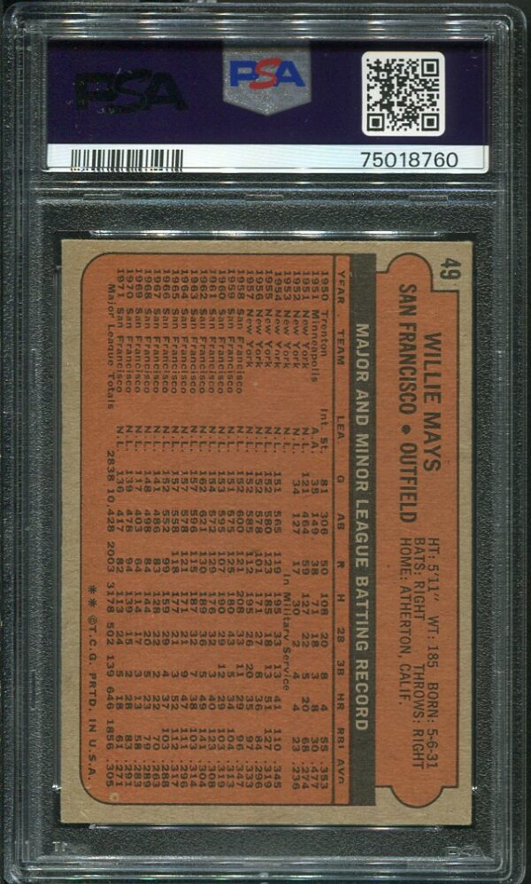 Authentic 1972 Topps #49 Willie Mays PSA 7 Baseball Card