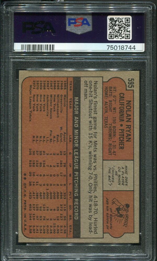 Authentic 1972 Topps #595 Nolan Ryan PSA 6 Baseball Card