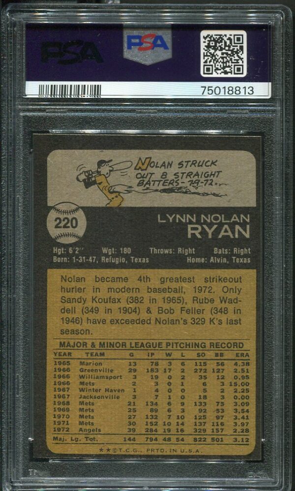 Authentic 1973 Topps #220 Nolan Ryan PSA 6 Baseball Card