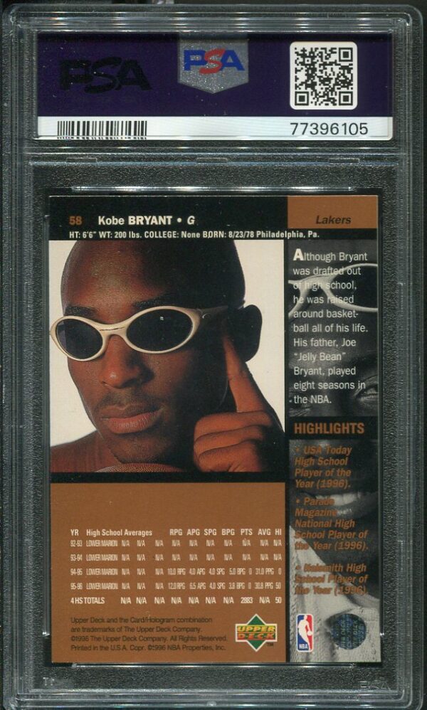 Authentic 1996 Upper Deck #58 Kobe Bryant PSA 8 Rookie Basketball Card