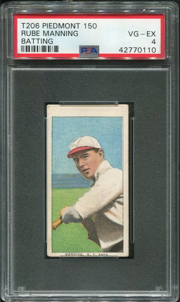 Rube Manning's 1909-11 T206 Piedmont 150 (Batting) baseball card with a VG-EX PSA 4 grade! Clean front & back!