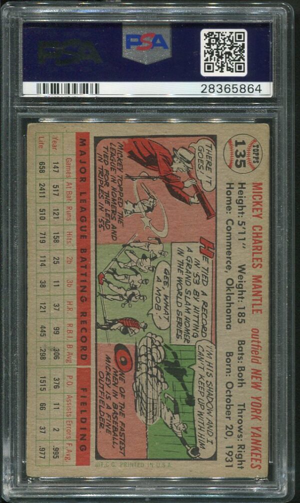 1956 Topps #135 Mickey Mantle (Gray Back) PSA 4 Baseball Card