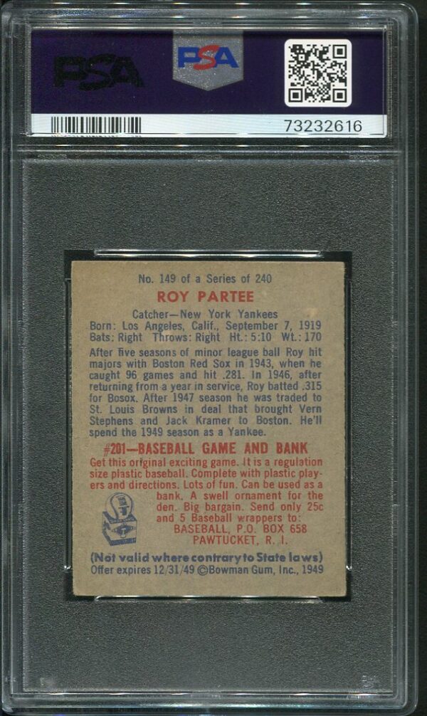 Roy Partee's 1949 Bowman #149 PSA 4 Vintage Baseball Card