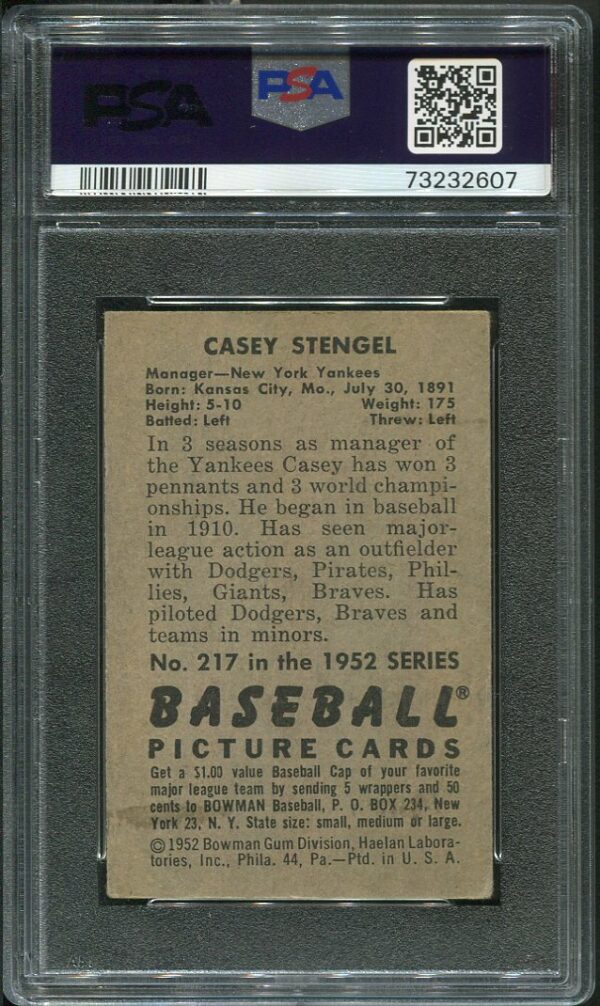 Authentic 1952 Bowman #217 Casey Stengel PSA 3 Baseball Card