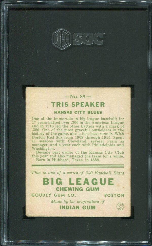 Authentic 1933 Goudey #89 Tris Speaker SGC 3.5 Baseball Card