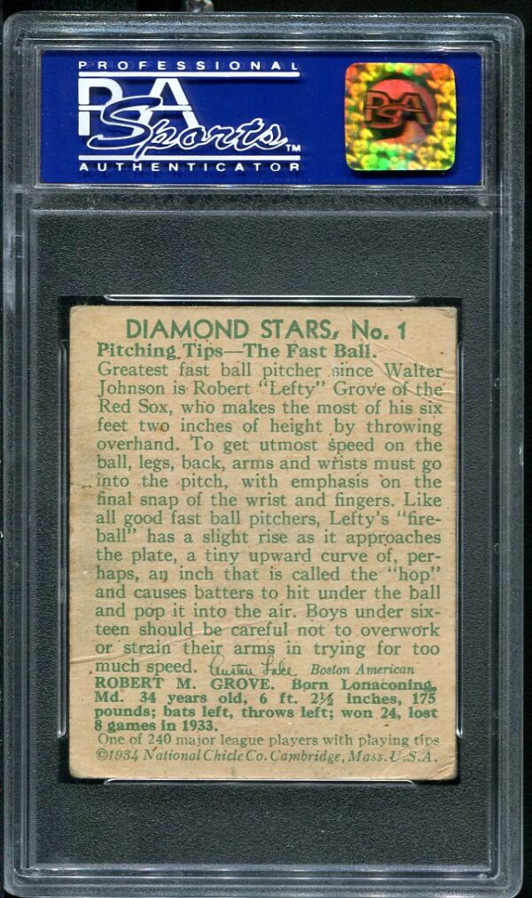 Authentic 1934 Diamond Stars #1 Lefty Grove PSA 2 Vintage Baseball Card