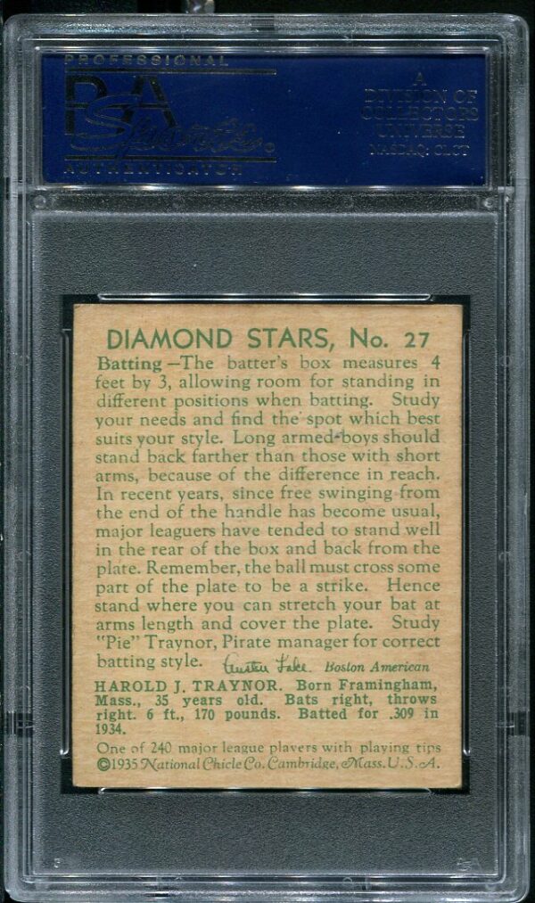 Authentic 1935 Diamond Stars #27 Pie Traynor PSA 5 Vintage Baseball Card