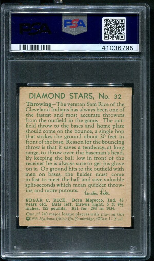 Authentic 1935 Diamond Stars #32 Sam Rice PSA 5.5 Vintage Baseball Card