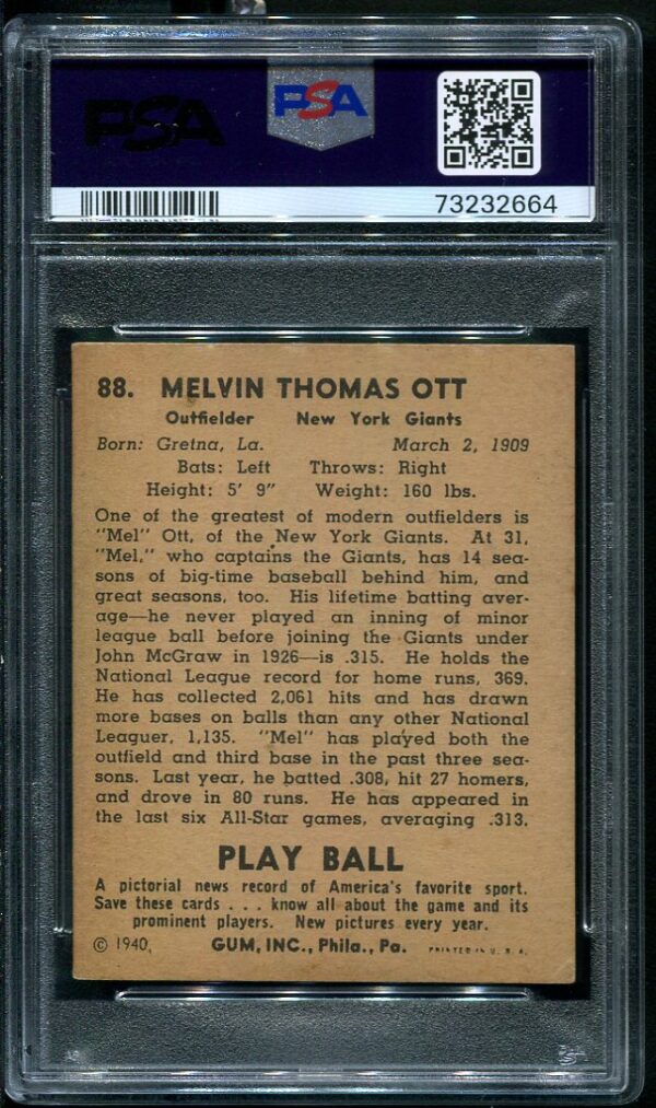 Authentic 1940 Play Ball #88 PSA 4 Vintage Baseball Card