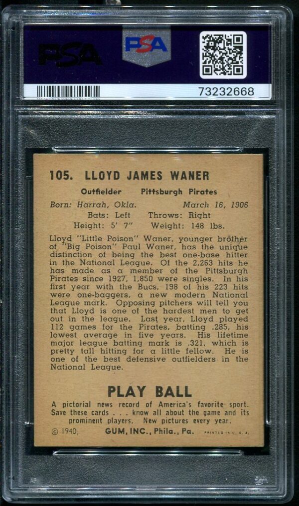 Authentic 1940 Play Ball #105 Lloyd Waner PSA 4 Vintage Baseball Card