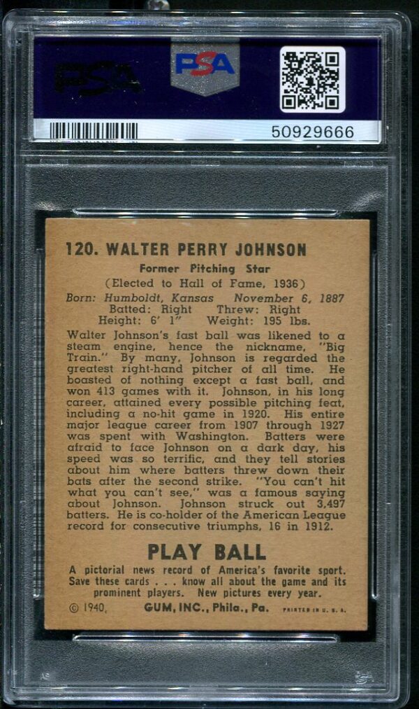 Authentic 1940 Play Ball #120 Walter Johnson PSA 6 Vintage Baseball Card