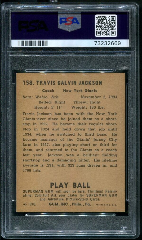 Authentic 1940 Play Ball #158 Travis "Stonewall" Jackson PSA 4 Vintage Baseball Card