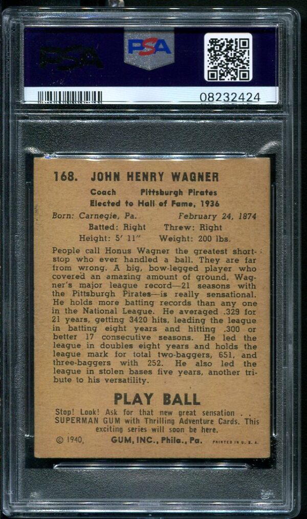Authentic 1940 Play Ball #168 Honus Wagner PSA 5 Vintage Baseball Card