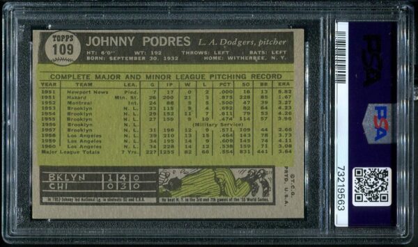 Authentic 1961 Topps #109 Johnny Podres PSA 6 Baseball Card