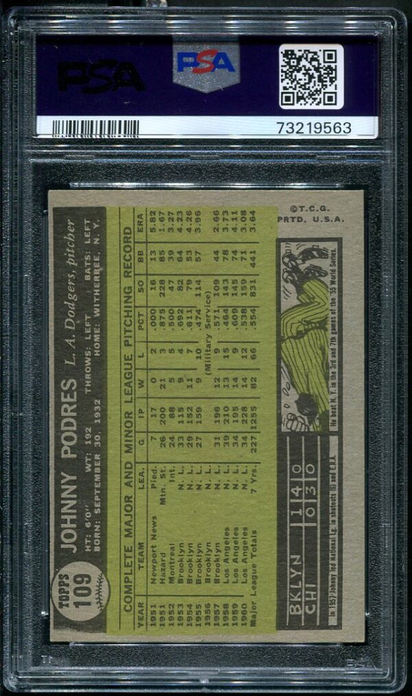 Authentic 1961 Topps #109 Johnny Podres PSA 6 Baseball Card