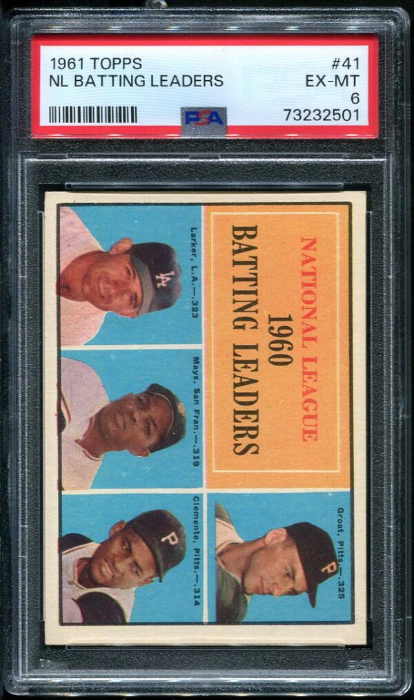1961 Topps #41 NL Batting Leaders Willie Mays & Roberto Clemente PSA 6 Baseball Card