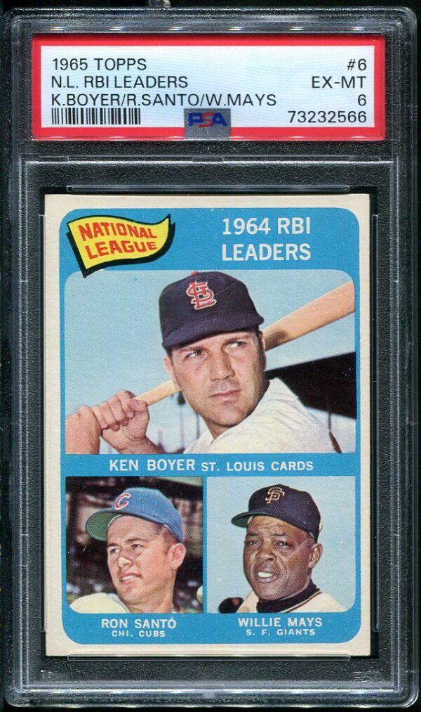 Authentic 1965 Topps #5 NL RBI Leaders (Boyer, Santo, Mays) PSA 6 Baseball Card