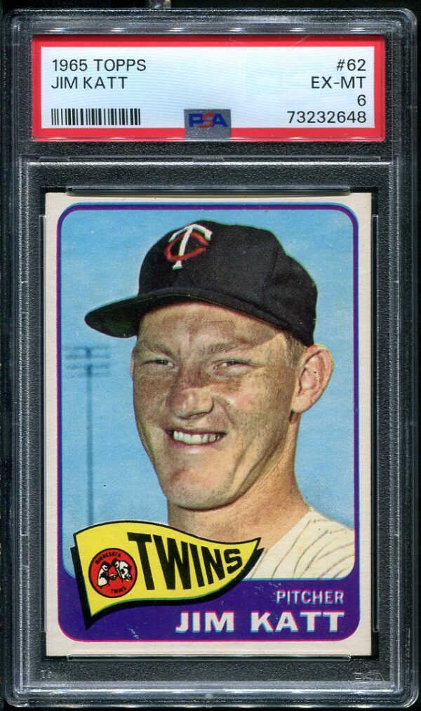 Authentic 1965 Topps #62 Jim Kaat "Katt On Card" PSA 6 Baseball Card