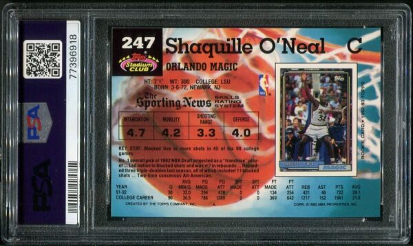 Authentic 1992 Stadium Club #247 Shaquille O'Neal PSA 9 Rookie Basketball Card