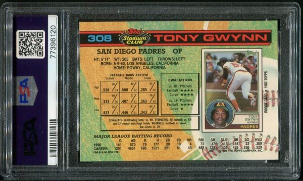 Authentic 1991 Topps Stadium Club #308 Tony Gwynn PSA 10 Baseball Card