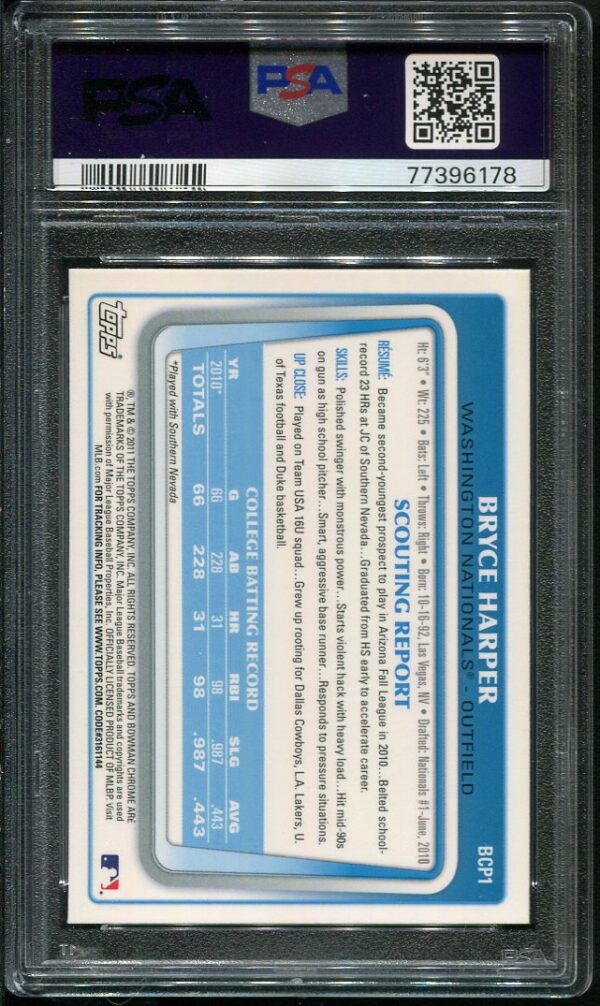 Authentic 2011 Bowman Chrome Prospects #BCP1 Bryce Harper PSA 9 Baseball Card