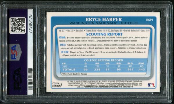 Authentic 2011 Bowman Chrome Prospects #BCP1 Bryce Harper PSA 9 Baseball Card