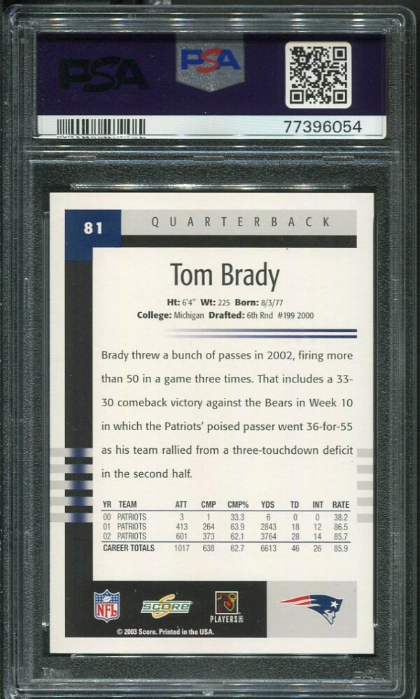 Authentic 2003 Score #81 Tom Brady PSA 9 Football Card