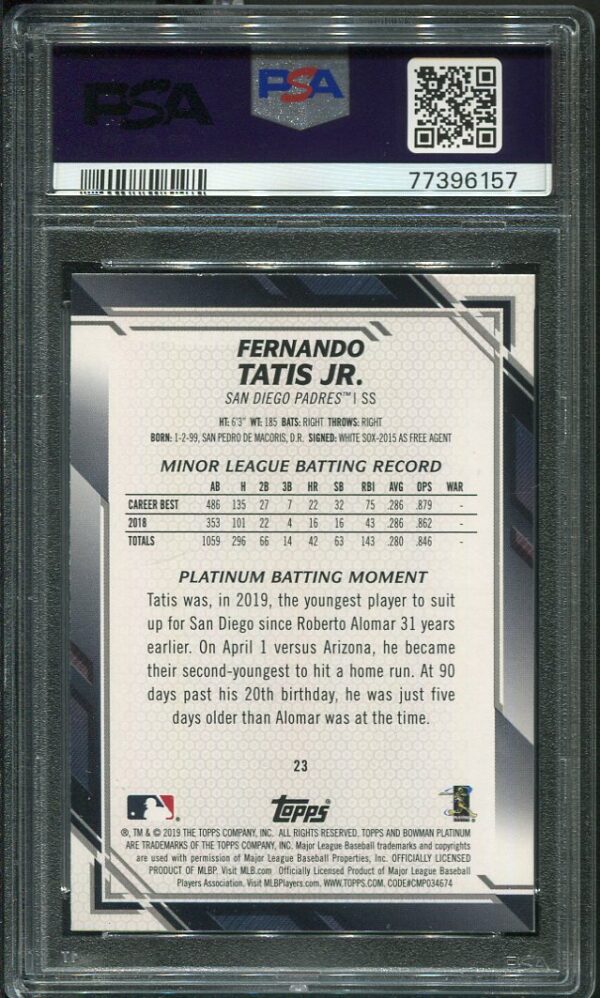 Authentic 2019 Bowman Platinum #23 Fernando Tatis Jr PSA 9 Rookie Baseball Card