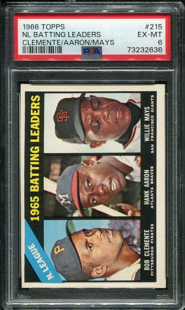 Authentic 1966 Topps #215 NL Batting Leaders Roberto Clemente, Hank Aaron, & Willie Mays PSA 6 Baseball Card
