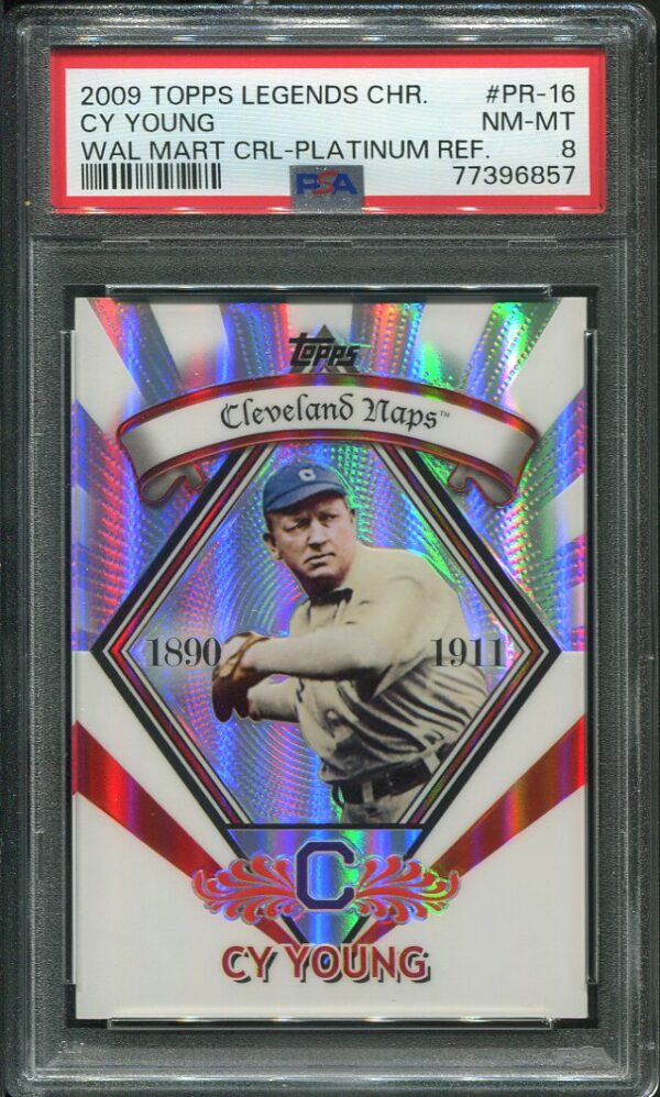 Authentic 2009 Topps Legends Chrome #PR-16 Cy Young Wal Mart Cereal Platinum Refractor PSA 8 Baseball Card