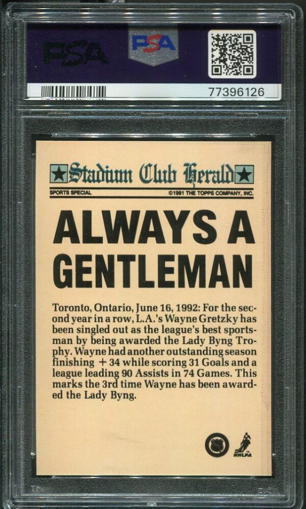 Authentic 1991 Stadium Club Wayne Gretzky Members Only "Always A Gentleman" PSA 8 Hockey Card