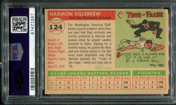 Authentic 1955 Topps #124 Harmon Killebrew PSA 4 Rookie Baseball Card