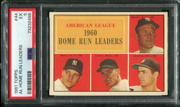 Authentic 1961 Topps #44 AL Home Run Leaders Roger Maris, Bob Lemon, Mickey Mantle, Rocky Colavito - EX PSA 5 Grade