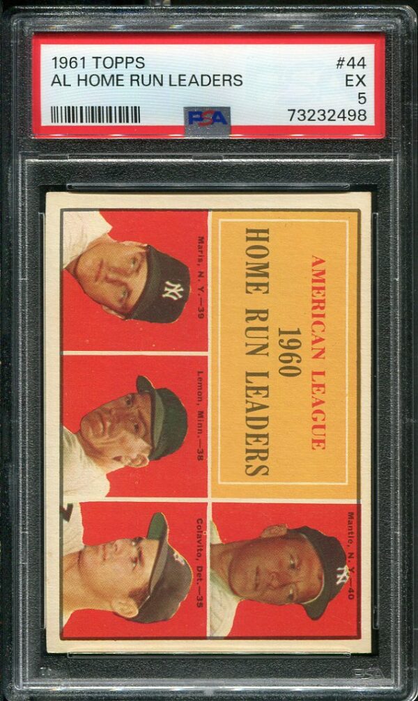 Authentic 1961 Topps #44 AL Home Run Leaders Roger Maris, Bob Lemon, Mickey Mantle, Rocky Colavito - EX PSA 5 Grade