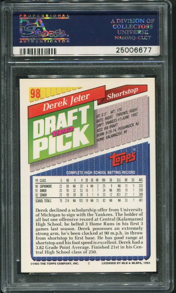 Authentic 1993 Topps #98 Derek Jeter PSA 9 Rookie Baseball Card