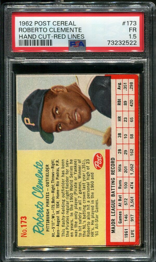 Authentic 1962 Post Cereal #173 Roberto Clemente PSA 1.5 Hand Cut Red Lines