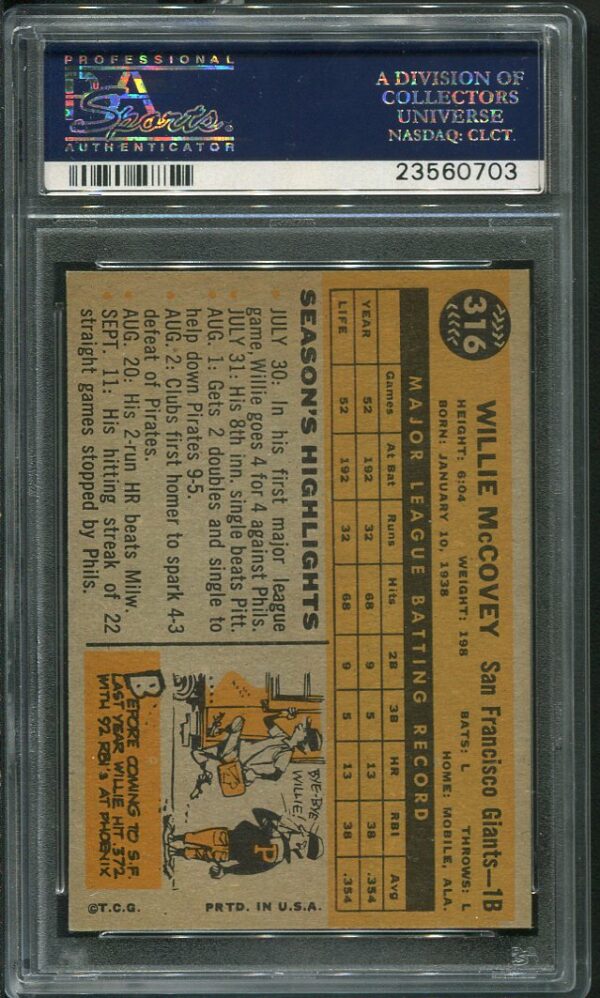 Authentic 1960 Topps #316 Willie McCovey PSA 7 All-Star Rookie Baseball Card