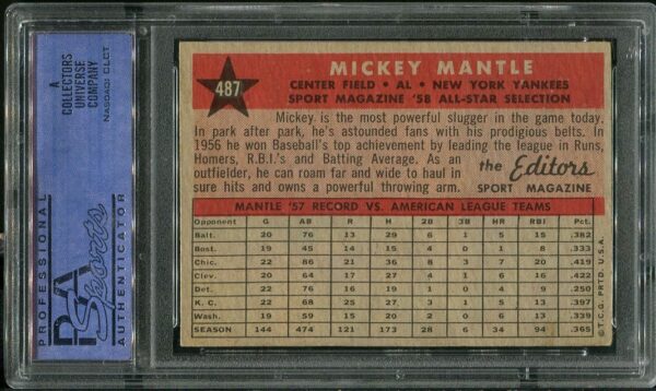 Authentic 1958 Topps All Star #486 Mickey Mantle PSA 8 Baseball Card
