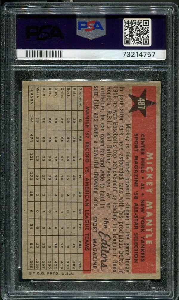 Authentic 1958 Topps All Star #486 Mickey Mantle PSA 5 Baseball Card