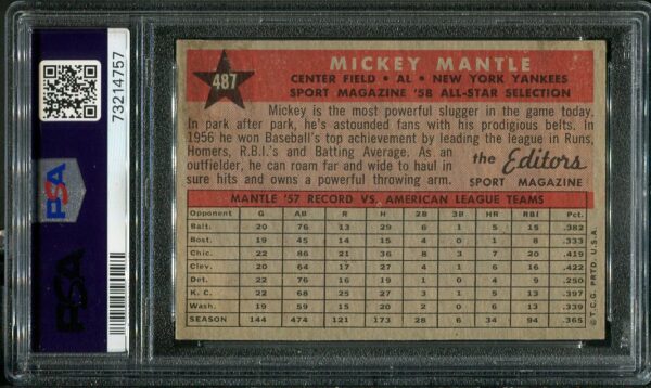 Authentic 1958 Topps All Star #486 Mickey Mantle PSA 5 Baseball Card