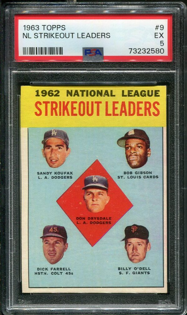 1963 Topps #9 NL Strikeout Leaders PSA 5 Baseball Card (Koufax, Drysdale, Gibson)