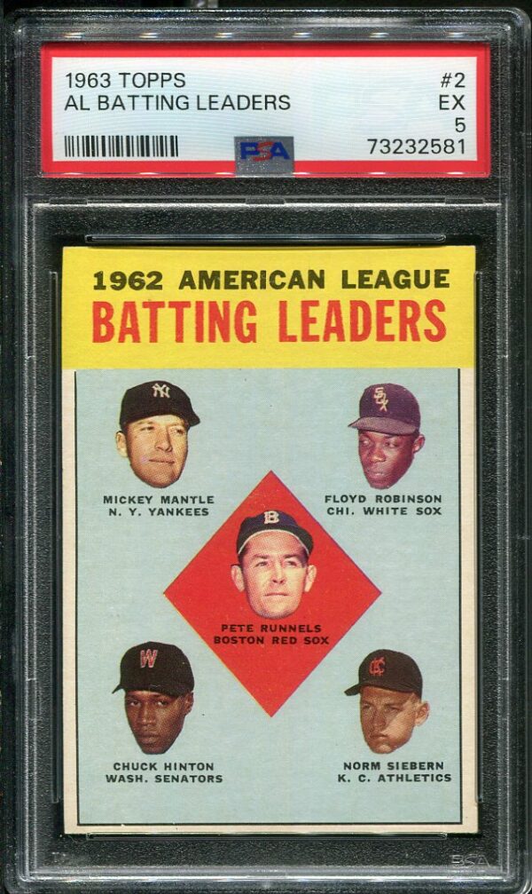 Authentic 1963 Topps #2 AL Batting Leaders Mickey Mantle PSA 5 Baseball Card