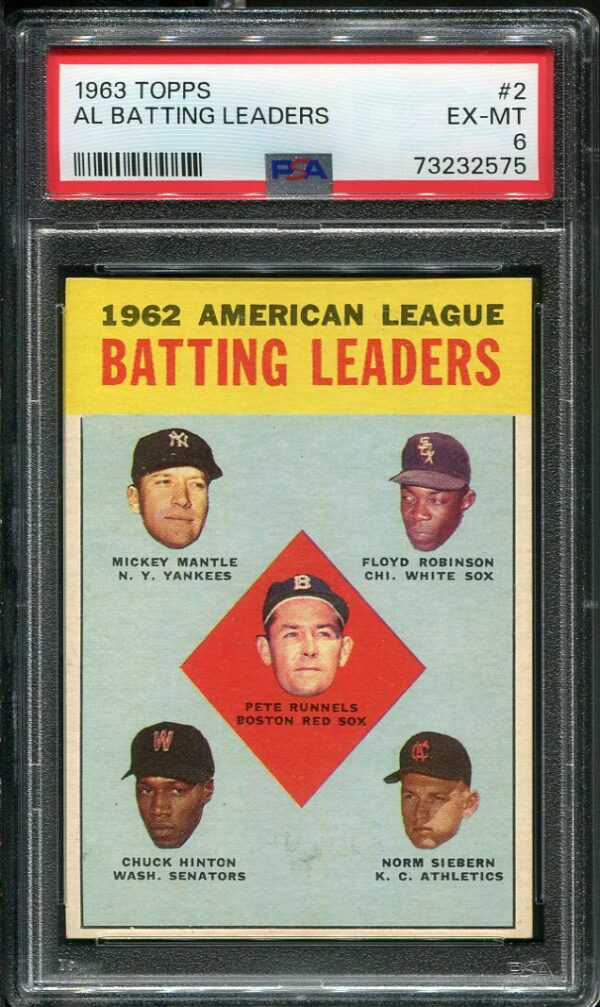 Authentic 1963 Topps #2 AL Batting Leaders Mickey Mantle PSA 6 Baseball Card