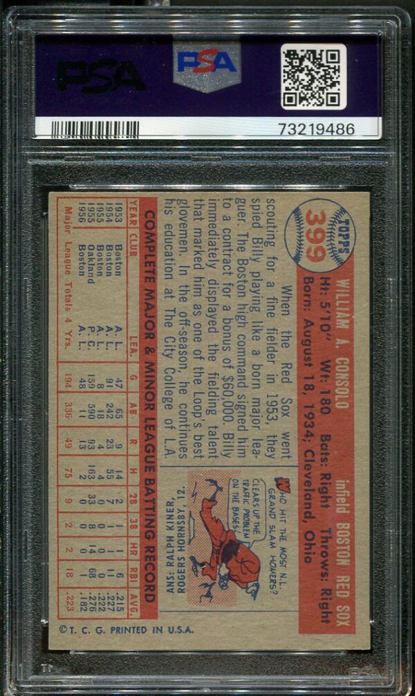 Authentic 1957 Topps #399 Billy Consolo PSA 5 Baseball Card