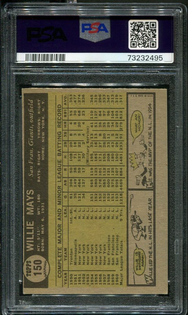 Authentic 1961 Topps #150 Willie Mays PSA 4 Baseball Card