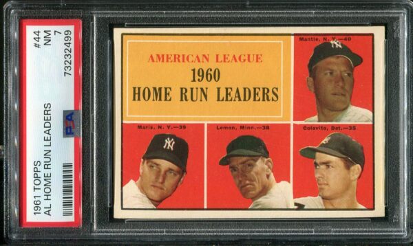 Authentic 1961 Topps #44 AL Home Run Leaders Roger Maris, Bob Lemon, Mickey Mantle, Rocky Colavito - NM PSA 7 Grade